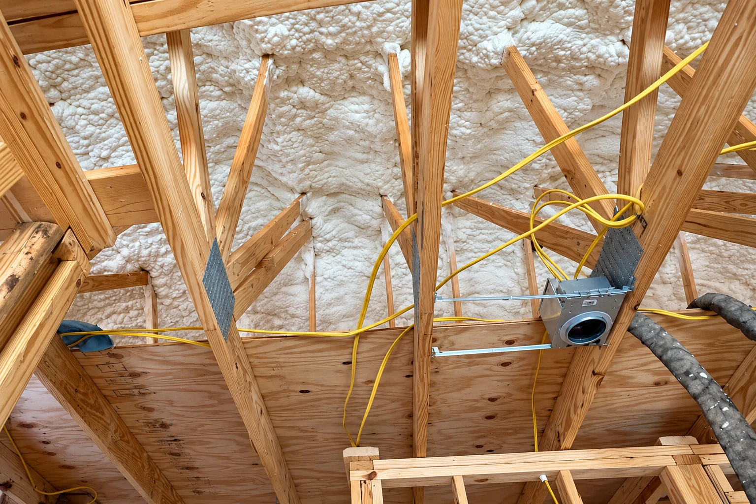 Spray foam insulation coats the underside of a roof among exposed wooden trusses and yellow wiring.