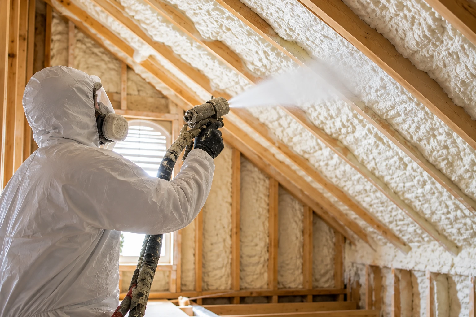 A worker in protective coveralls sprays foam insulation along the sloped rafters of an attic.