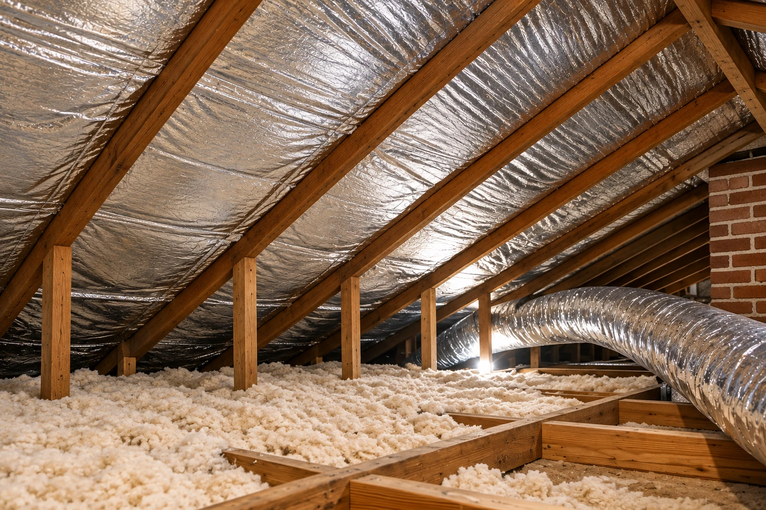 Attic with blown-in insulation on the floor, reflective material between roof rafters, and a large silver duct.