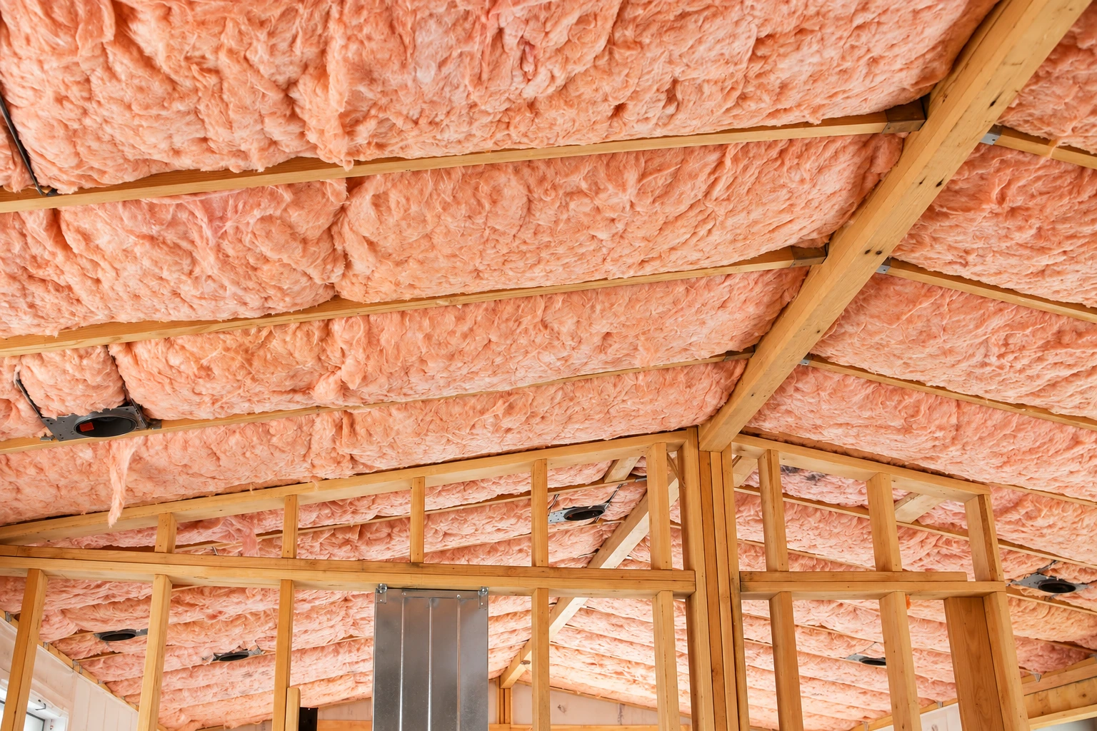 Pink fiberglass batts fill the roof framing of an unfinished attic.