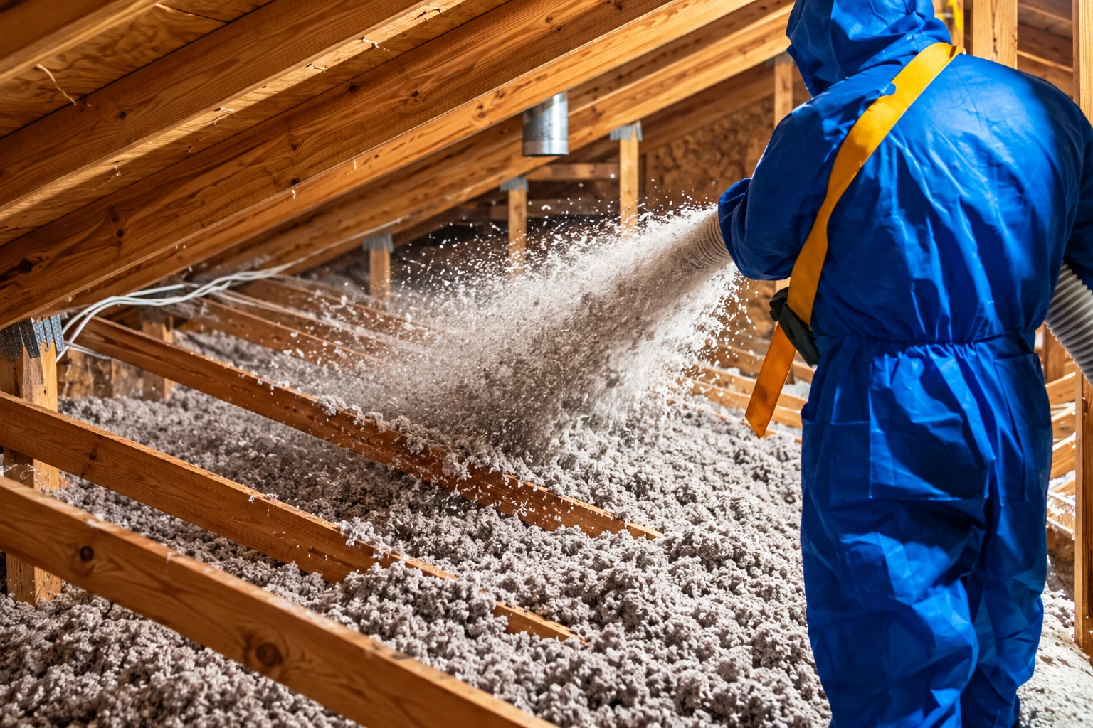 A worker in blue coveralls blows loose-fill insulation across the floor of a timber attic.