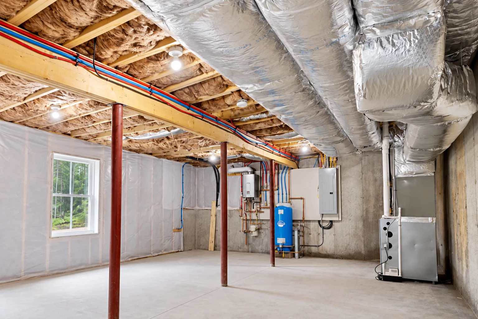 Basement with insulation between ceiling joists, large silver ducts, plumbing, and a concrete floor.