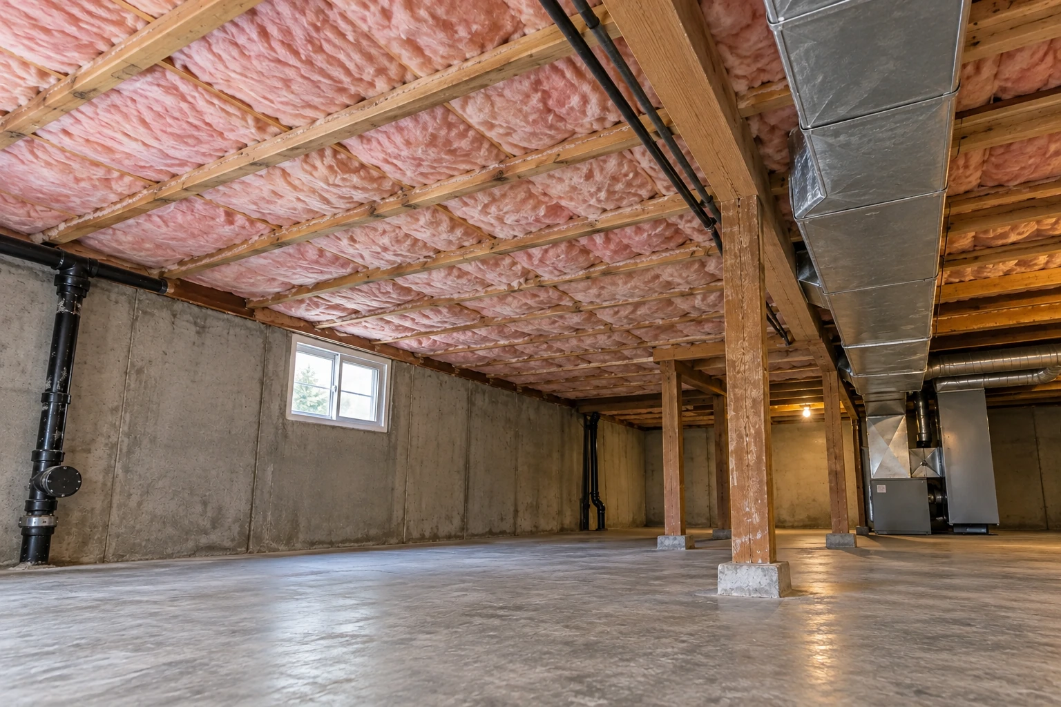 Pink fiberglass insulation fills the ceiling joists of an unfinished basement with exposed concrete walls and ductwork.