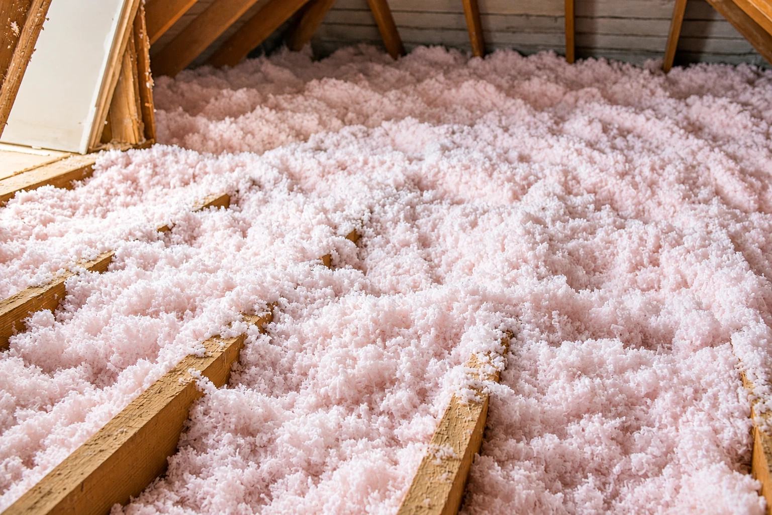 Pink blown-in insulation blankets an attic floor between exposed wooden joists.