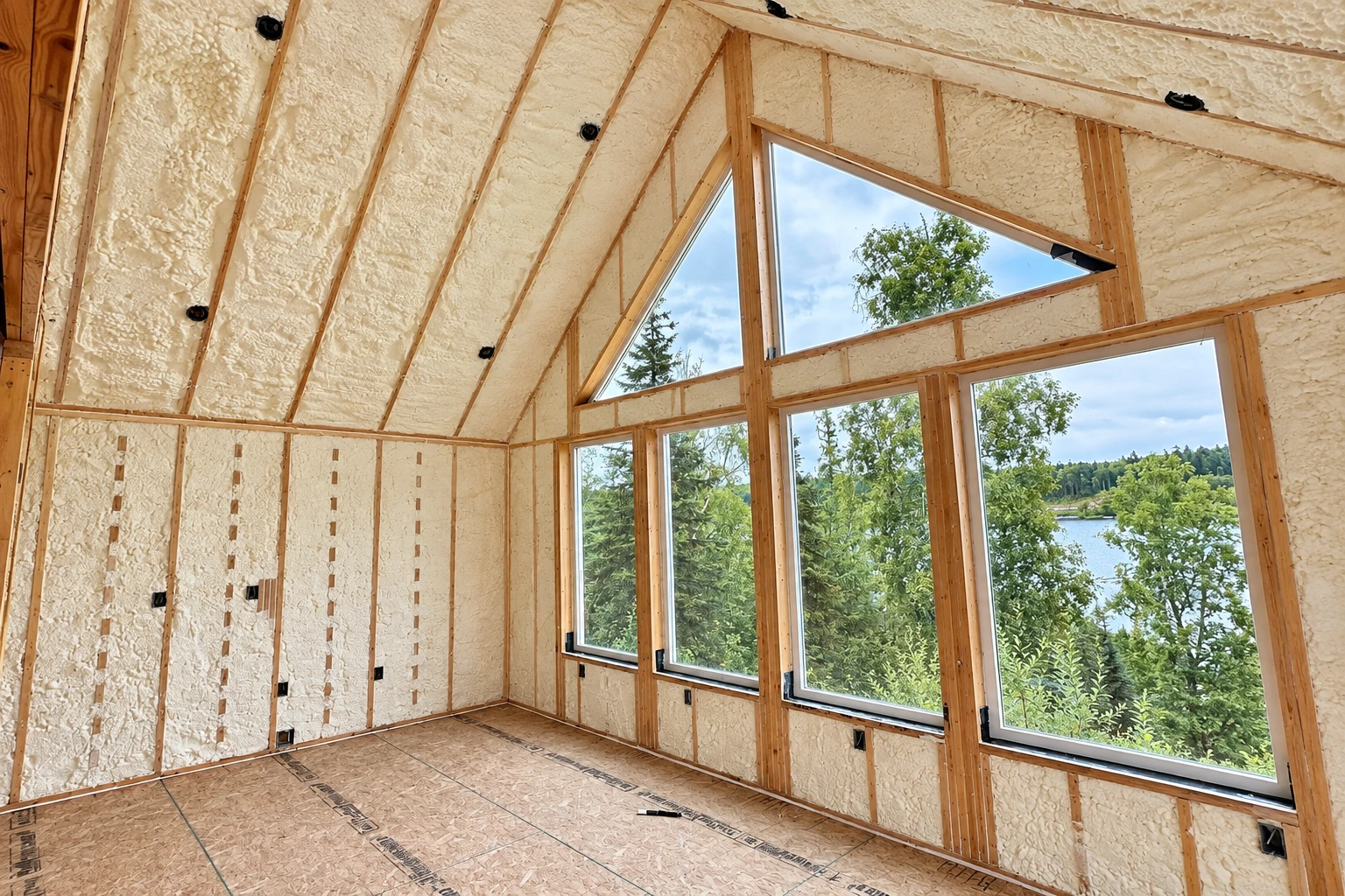 Unfinished room with cream-colored closed-cell foam covering exposed walls and the sloped ceiling around large windows.
