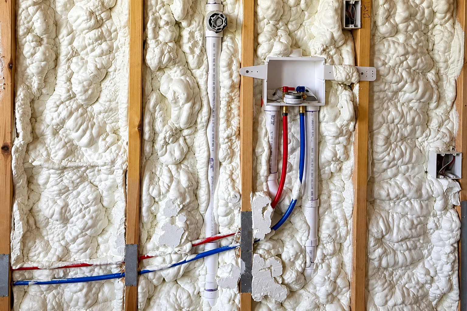 White closed-cell spray foam fills a framed wall around plumbing lines and a recessed utility box.
