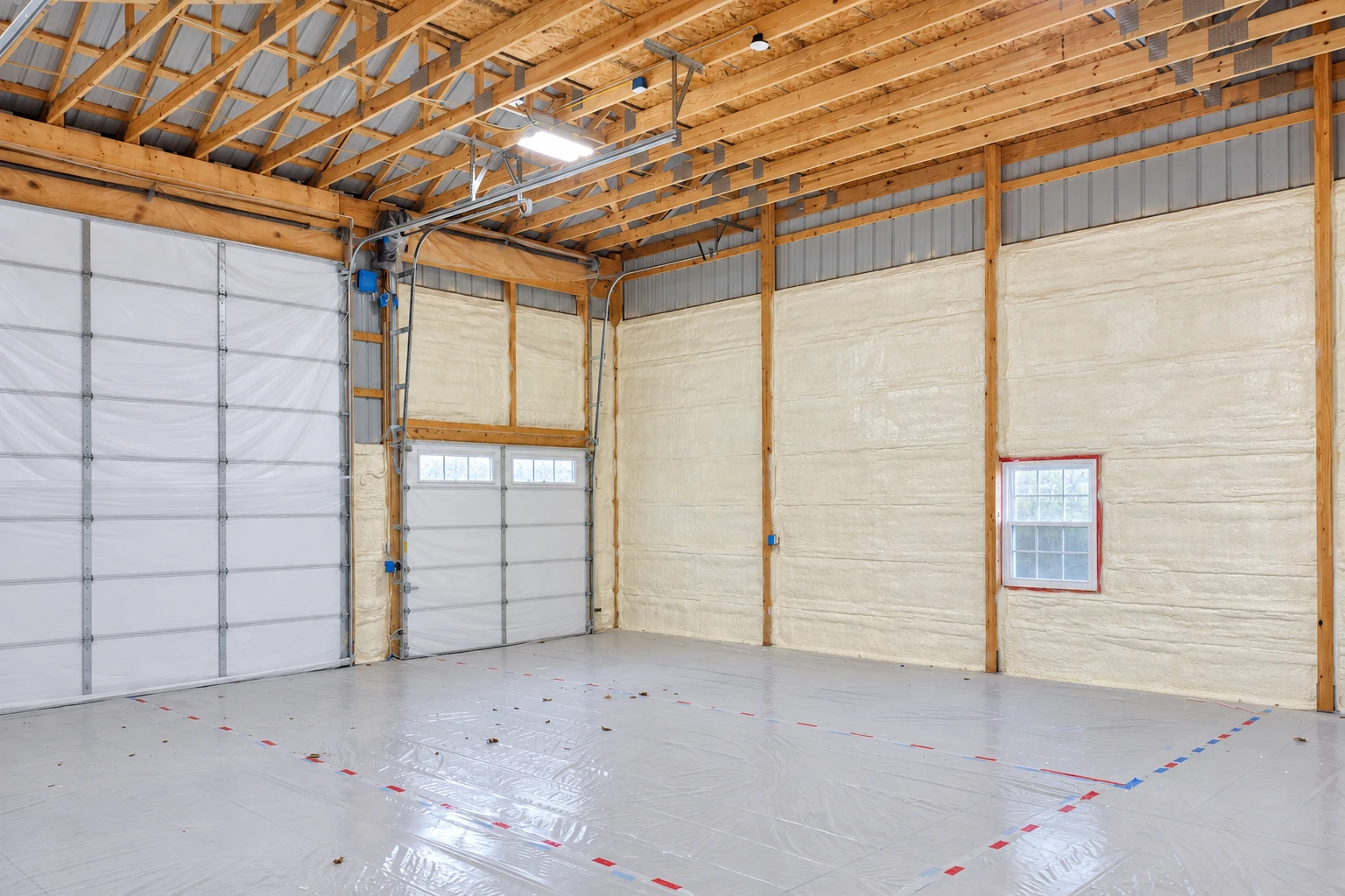 A large commercial building interior has cream spray foam insulation between exposed wooden wall studs.
