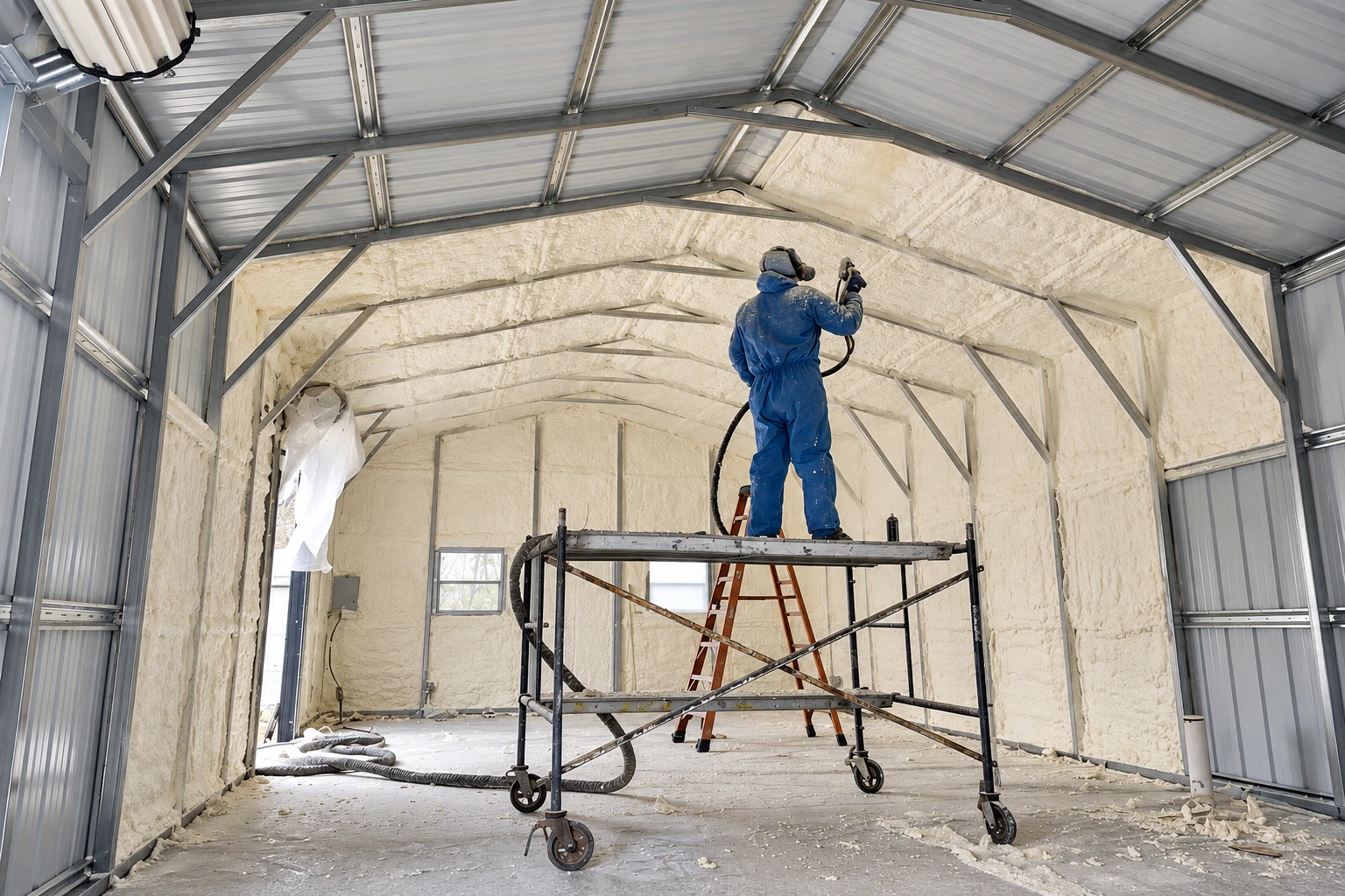 A worker sprays foam insulation onto the metal roof and walls of a large commercial building from a rolling scaffold.