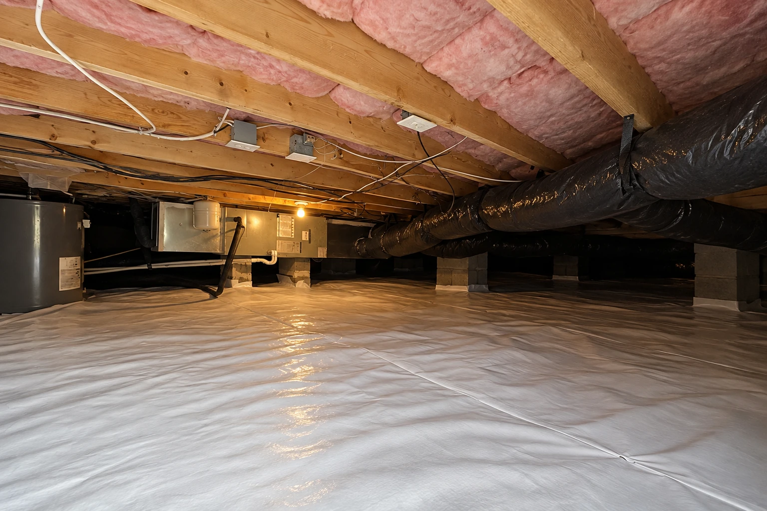 Crawl space with pink insulation between floor joists, black ducts overhead, and a white vapor barrier covering the ground.