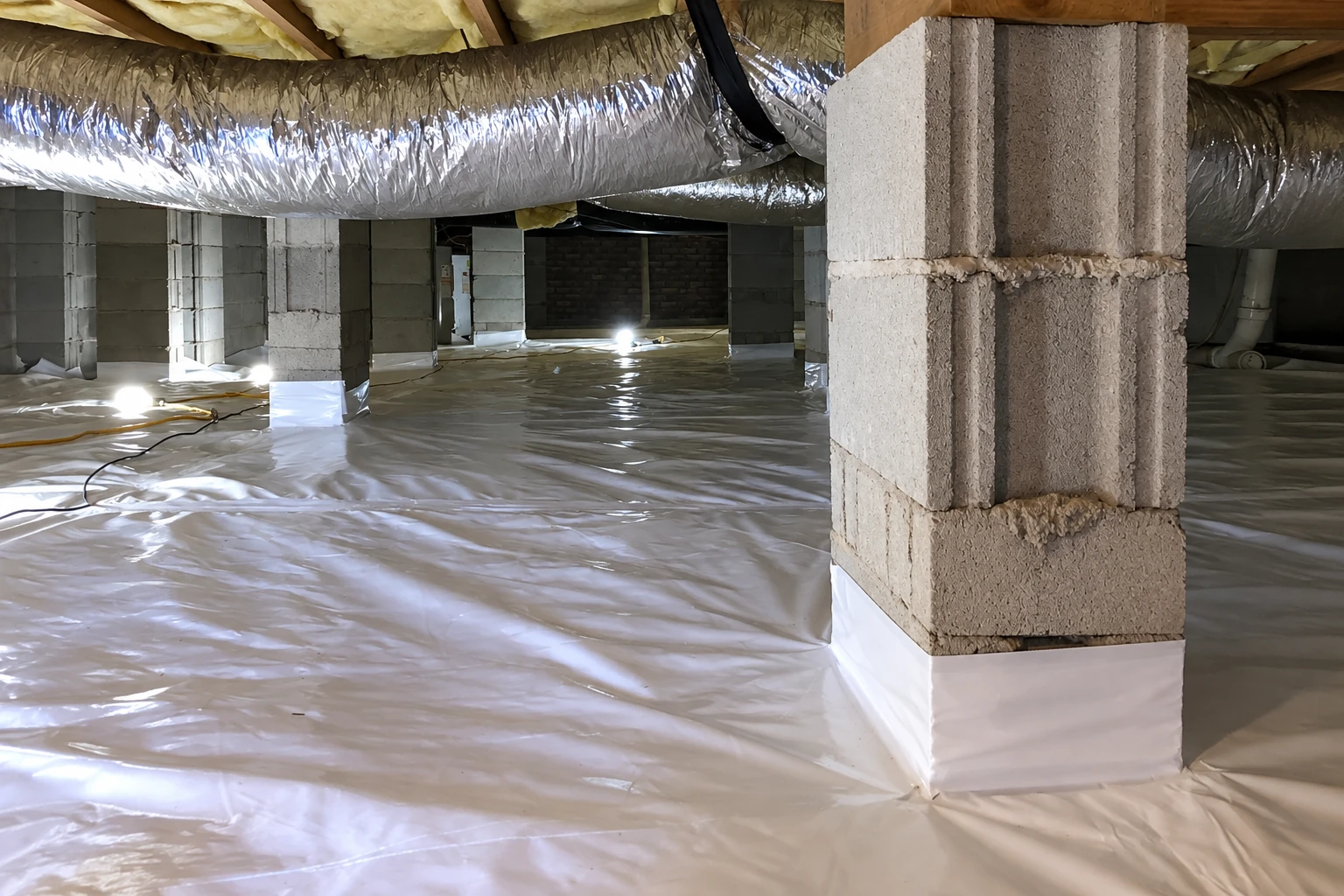 A crawl space has a white floor vapor barrier, insulated overhead, and metal ducts between concrete block supports.