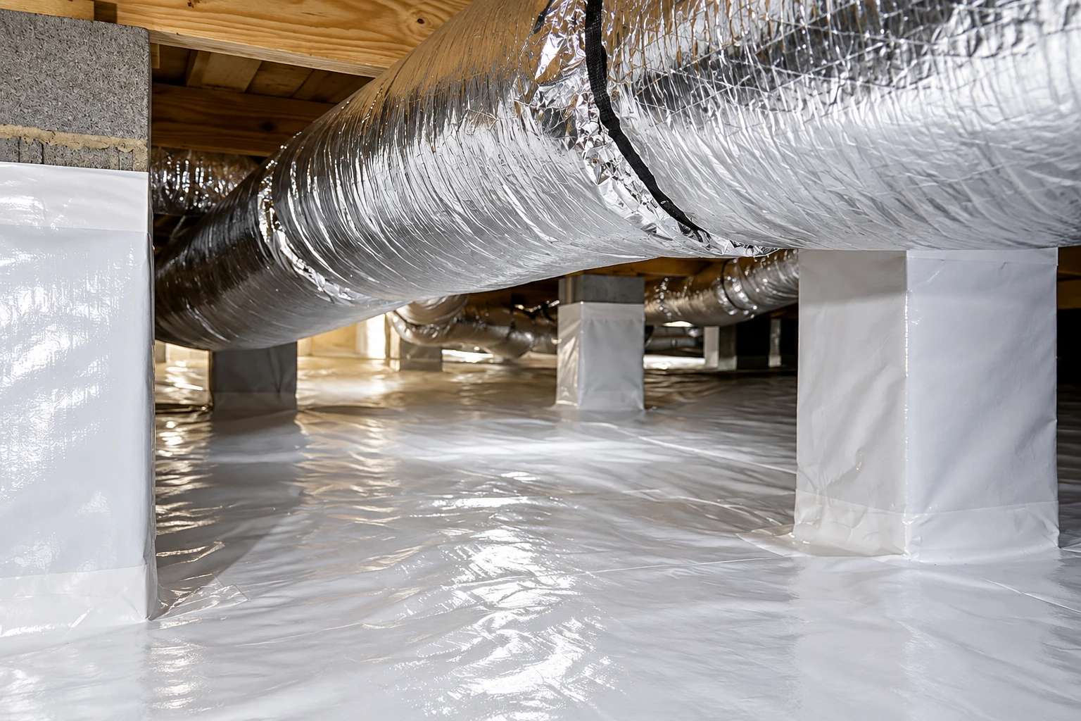 A crawl space has reflective silver ductwork overhead and white vapor barrier covering its floor and support columns.