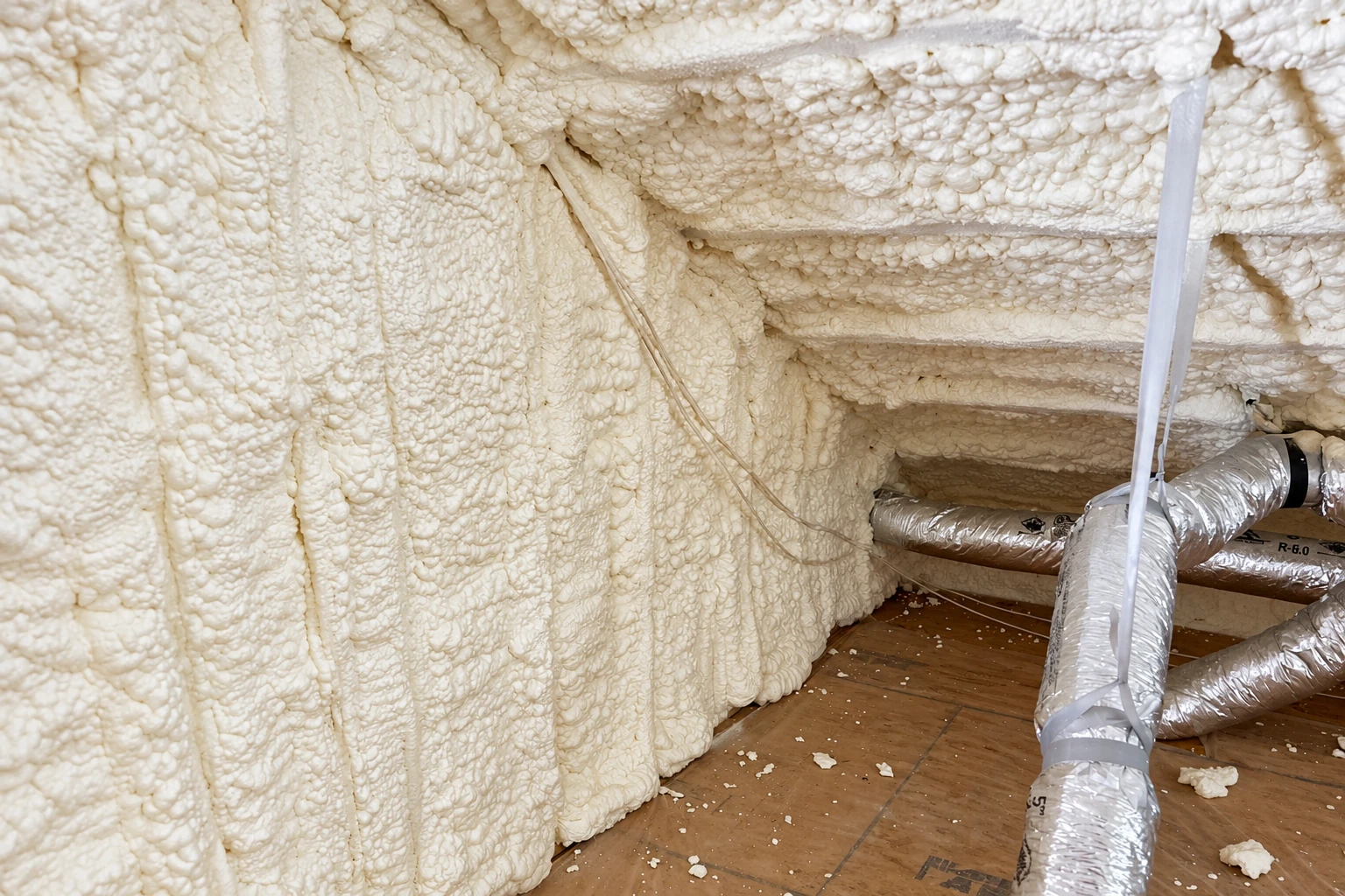 Thick cream spray foam coats attic walls and rafters beside silver HVAC ducts.