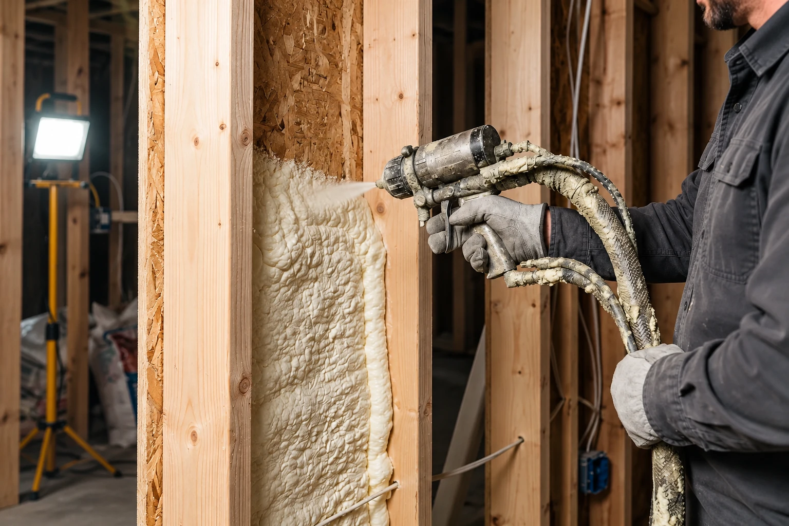 A worker sprays foam insulation into a wooden wall cavity using a hose-mounted gun.