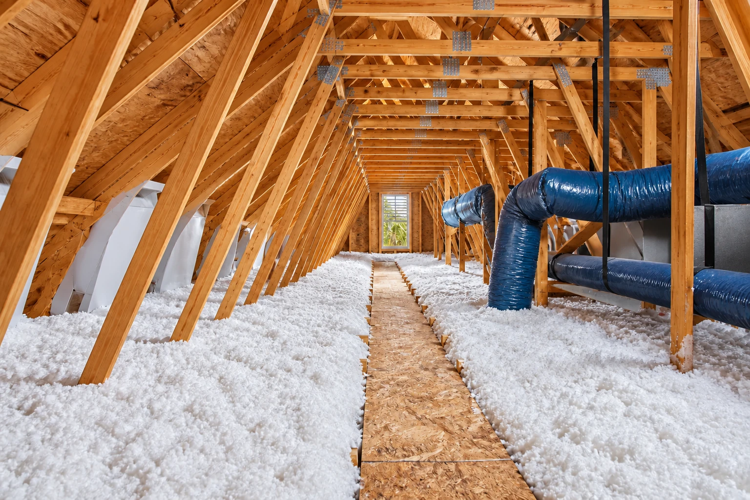 Attic with white blown-in insulation around a narrow wooden walkway, exposed timber rafters, and blue HVAC ducts.
