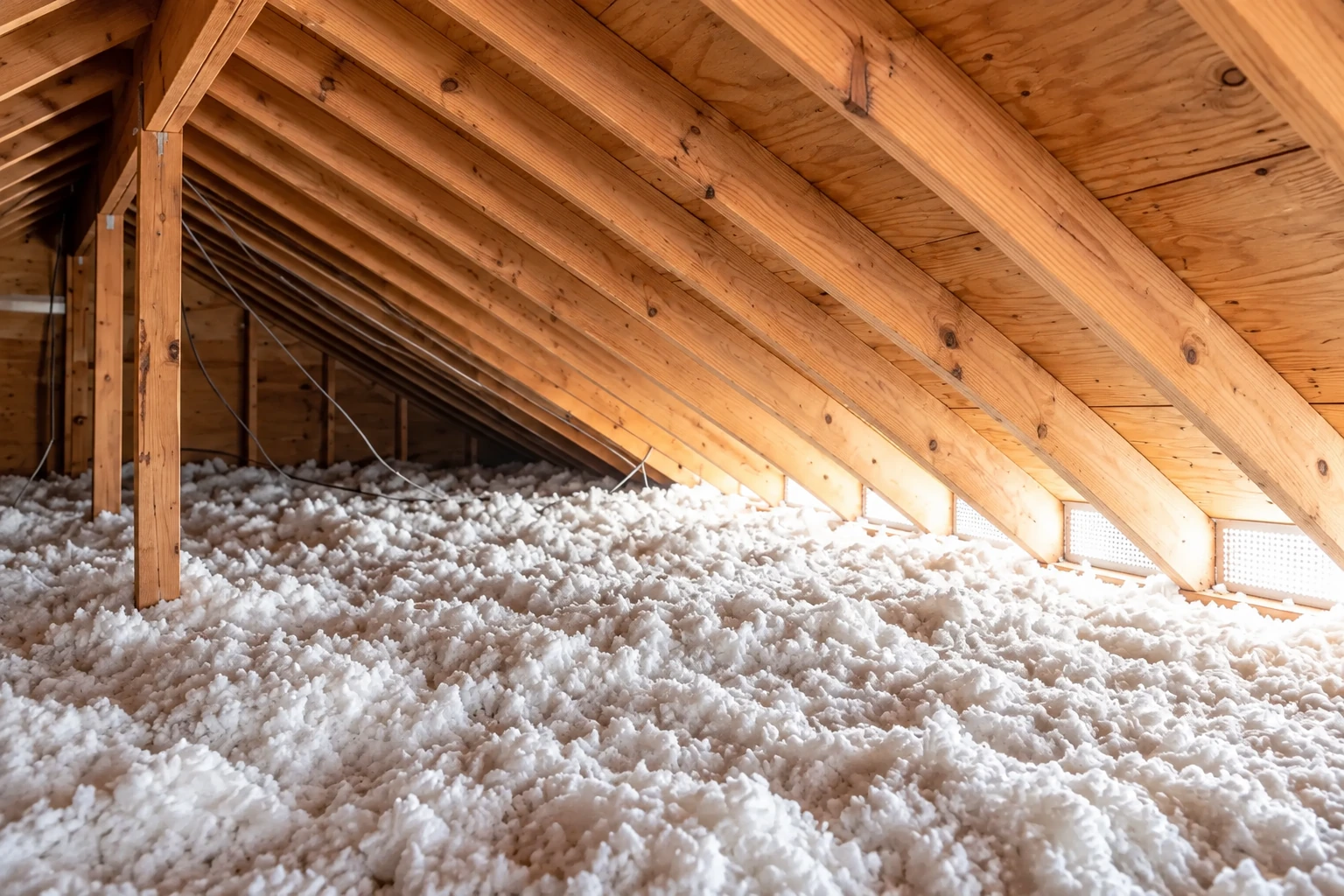White blown-in insulation covers an attic floor beneath sloping wooden rafters and roof sheathing.