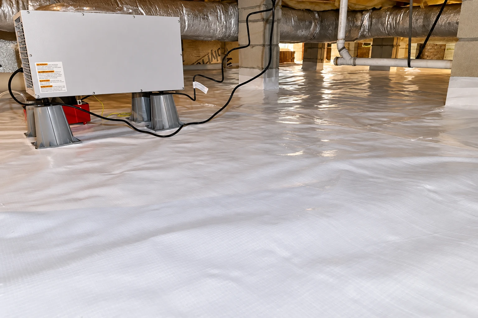 White vapor barrier sheeting covers a crawl space floor beneath ducts and equipment.