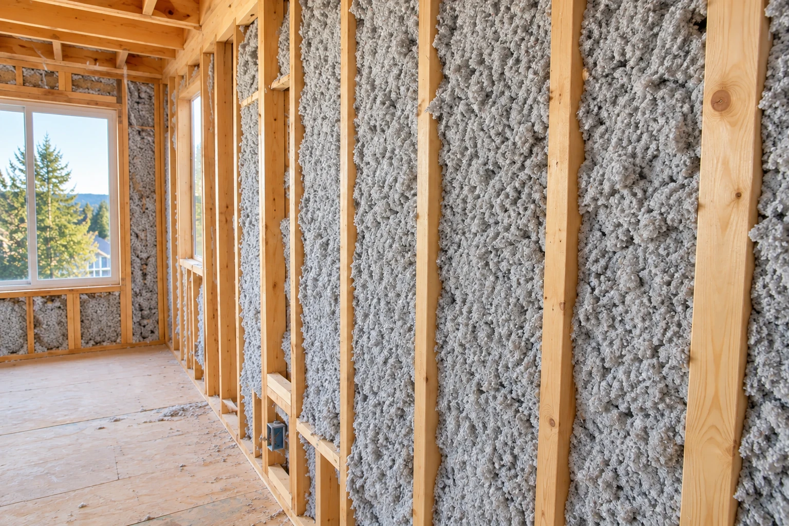 Unfinished room with gray blown-in insulation packed between exposed wooden wall studs beside a window.
