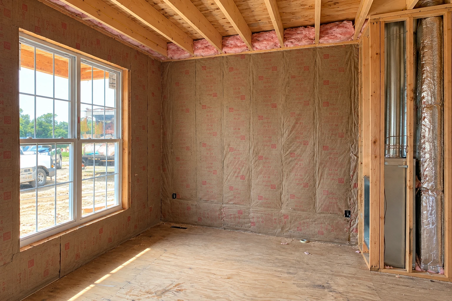 Fiberglass batts cover the walls and ceiling of an unfinished room framed with wood studs.